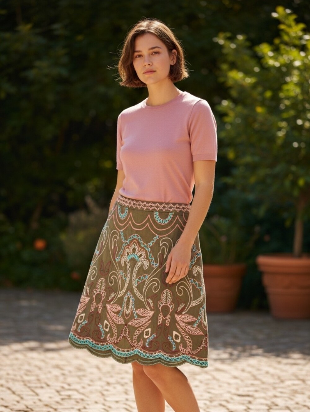 Anthropologie Olive A-Line Skirt with Pink & Teal Embroidery